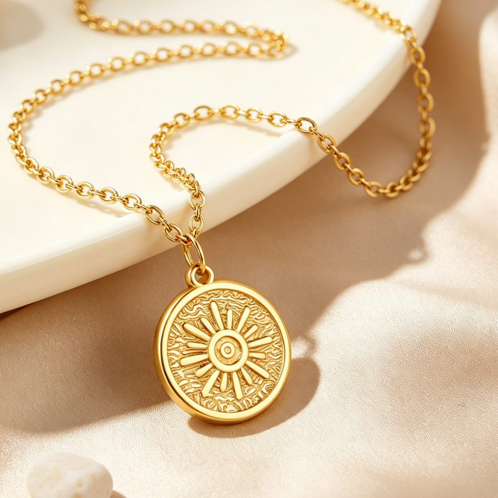 Vintage Embossed Sun Round Plate Pendant Necklace